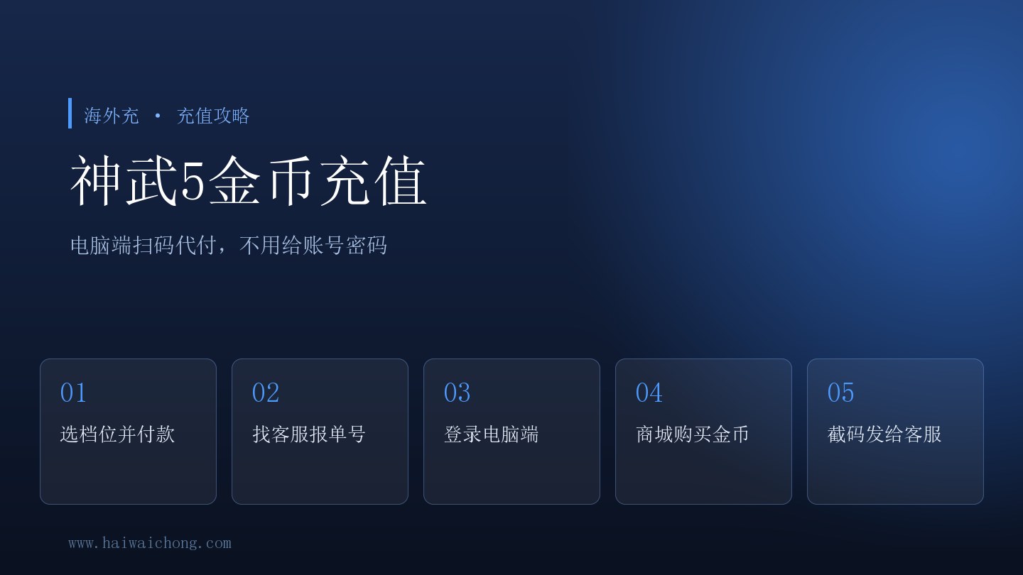 神武5逍遥外传电脑端商城购买金币界面示意，旁边列出海外充扫码代付金币的五个步骤